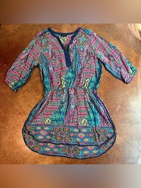 Tolani Women's Multicolor Printed Silk Tunic Top - Pink & Blue
